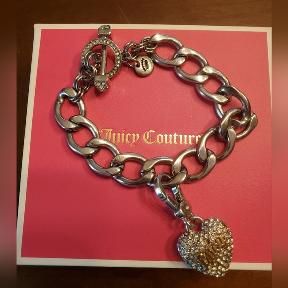 Juicy Couture Silver Tone Rhinestone Heart Toggle Bracelet - Picture 1 of 9